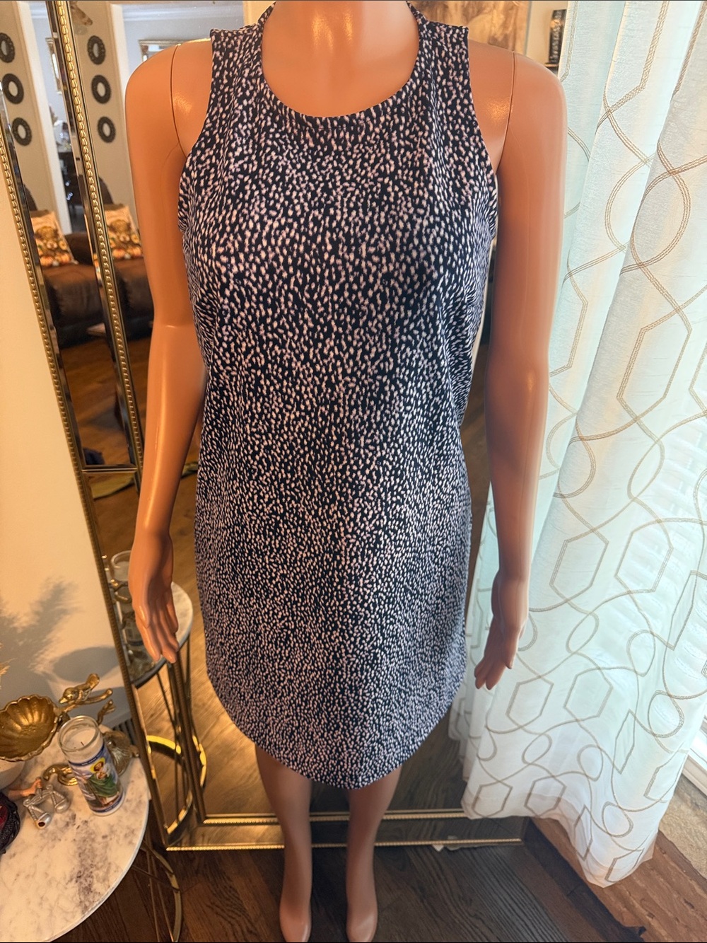 Sleeveless Navy and White Printed Shift Dress
